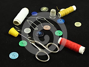 Sewing Needle thread scissors thimble tailor buttons photo