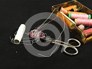 Sewing Needle thread scissors thimble tailor buttons photo