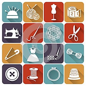 Sewing and needlework flat icons. Vector set.
