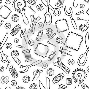 Sewing and needlework. Tools and accessories. Seamless pattern in doodle and cartoon style. Linear.