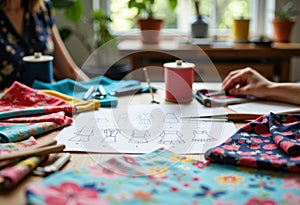 Sewing pattern design with fabric, threads, and tools on a workspace table