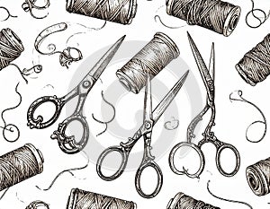 Sewing Pattern with Scissors and Thread Spools