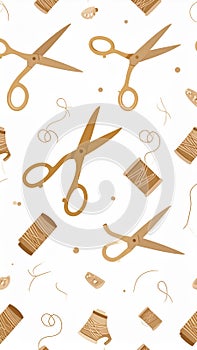 Sewing Pattern with Scissors and Thread Spools