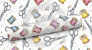 Sewing Pattern with Scissors and Thread Spools