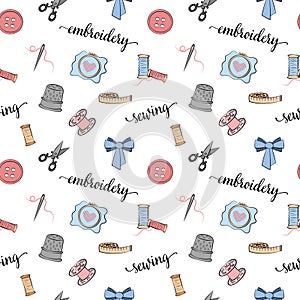 Sewing pattern. Vector seamless background. Embroidery illustrated elements. Various sewing tools on white background. Needlework