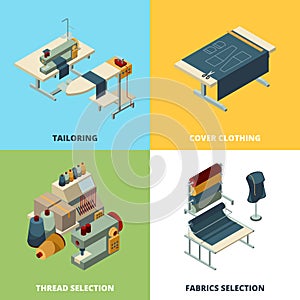 Sewing production. Textile manufacturing concept vector pictures industrial sewing machines isometric