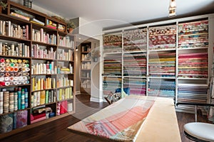 sewing room, with floor to ceiling shelves of colorful fabrics and threads