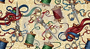 Sewing Scissors and Thread Spools Pattern