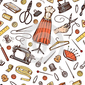 Sewing Seamless pattern. Tools and elements or materials for needlework. Tailor shop for badges labels. Thread and
