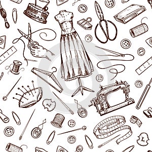 Sewing Seamless pattern. Tools and elements or materials for needlework. Tailor shop for badges labels. Thread and