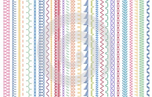 Sewing seams patterns. Embroidery craft sew pattern, fashion seam brush and colorful stitches stitched fabric vector