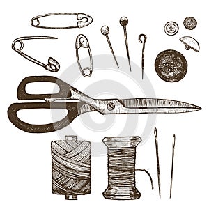 Sewing Set Hand Draw Sketch. Vector