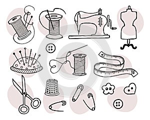 Sewing, a set of hand-drawn icons, spools of thread and a sewing machine, needles and pins, a thimble.