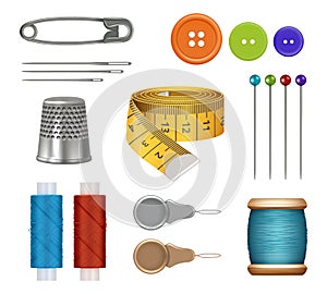 Sewing set. Realistic equipment fabric measure tape sewing set needles thread scissors for textile fashion clothes