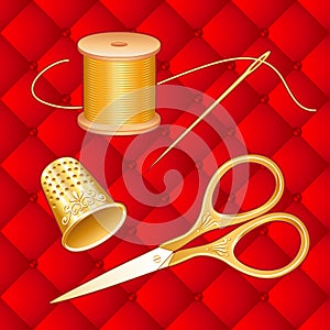 Sewing Set, Scissors, Thimble, Needle and Thread, Antique Gold, Crimson Red Quilted Background