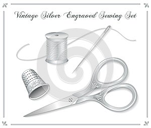 Sewing Set, Vintage Silver Engraved Scissors, Thimble, Needle and Thread