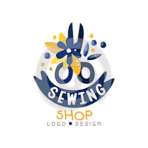 Sewing shop logo design, dress boutique, store, dressmakers salon, tailoring studio, fashion designer emblem vector