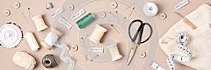 Sewing supplies and accessories for needlework. Craft hobby background