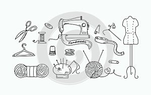 Sewing supplies drawings - sewing machine, mannequin , thread, scissors, needles.