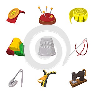 Sewing supplies icons set, cartoon style