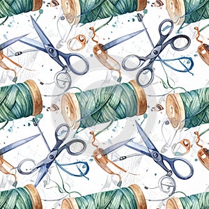 Sewing Supplies Pattern - Scissors, Thread, and Needlework Design