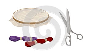 Sewing and Tailoring Accessories with Hoop, Yarn and Scissors Vector Set photo