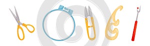 Sewing and Tailoring Accessories with Scissors, Unpicker, Tambour and Curve Vector Set