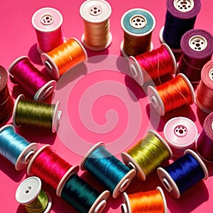 Sewing and tailoring supplies, with colorful thread spools and buttons