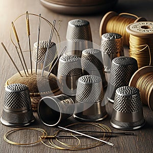 Sewing thimbles and threads on table