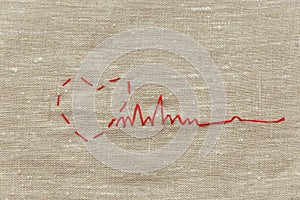 Sewing thread and for knitting, a red string in the form of a medical heart on instruments