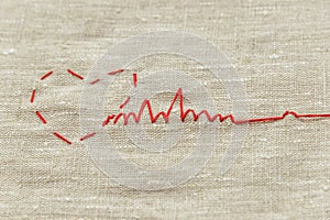 Sewing thread and for knitting, a red string in the form of a medical heart on instruments