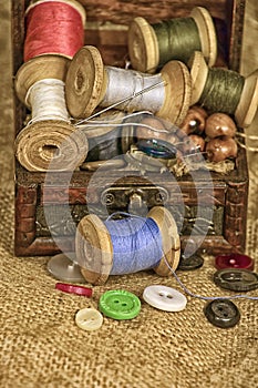Sewing thread needle button pins, stylized image of an old