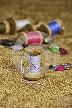 Sewing thread needle button pins, stylized image of an old