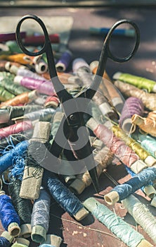 Sewing thread and scissors