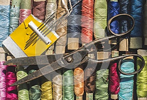 Sewing thread and scissors