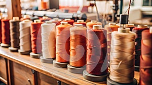 Sewing thread spools in row in a textile factory