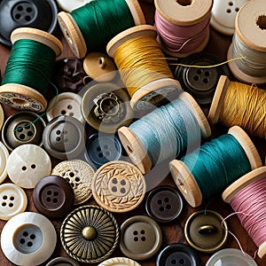 Sewing threads and assorted buttons