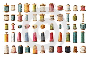 Sewing threads cartoon vector set. Coils ball textile cane natural synthetic needlework clothing making stitched colored