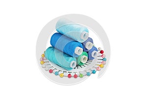Sewing threads and needle, bobbins in blue  color on isolated white  background