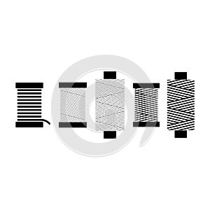 Sewing threads on spools set. Black isolated on white background spool thread icons.