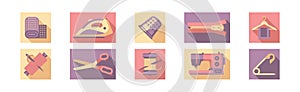 Sewing Tool and Equipment Icons for Needlework Vector Set
