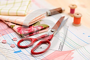 Sewing tools and accessories on table