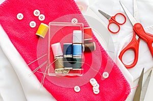 Sewing tools and colored tape/Sewing kit. Scissors