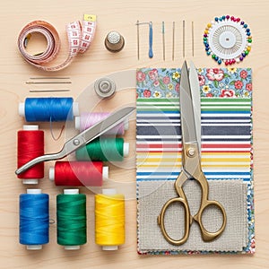 Sewing tools neatly arranged on a light wooden surface. Includes multicolored spools