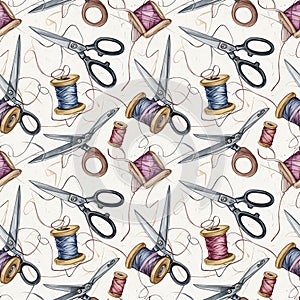 Sewing Tools Pattern - Scissors, Spools, and Thread