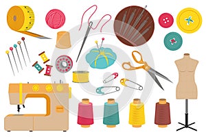 Sewing tools set graphic elements in flat design. Bundle of measuring tape, sew machine, thread, thimble, needle, buttons, pins,