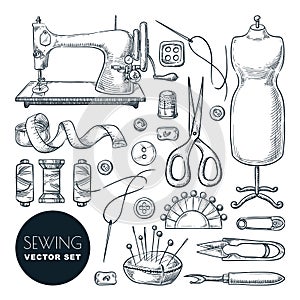 Sewing tools and tailor equipment set. Vector sketch illustration. Craft and handmade sew needlework design elements