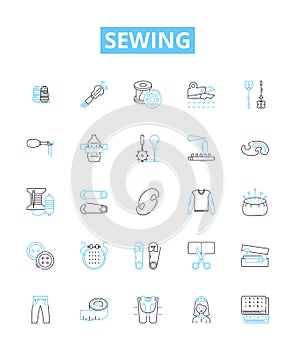 Sewing vector line icons set. Needlework, Seamstress, Fabric, Cutting, Hemming, Basting, Sew illustration outline