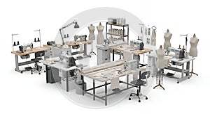 Sewing Workshop with Machines Mannequins Threadspools on White Backdrop Sewing Machines and Tailoring Equipment on