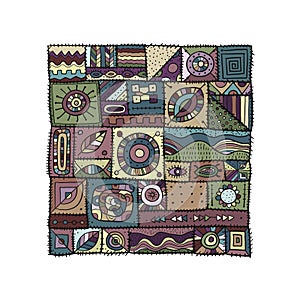 Sewn pieces of fabric in a patchwork style. Ethnic Ornament for your design.